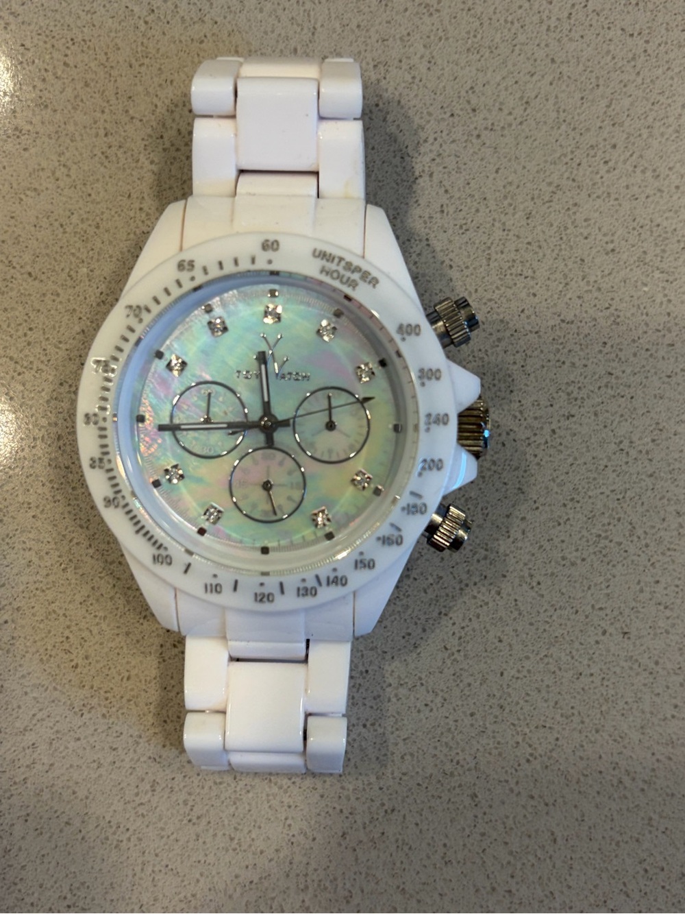 White Ceramic Chronograph Watch with Iridescent Mother-of-Pearl Dial on